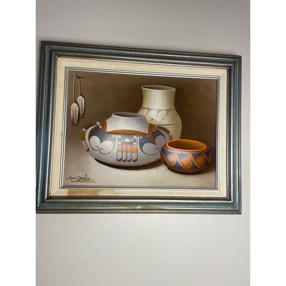 Signed Myung Mario Jung Sand Painting Pottery Feathers Southwest Native American - Picture 1 of 4
